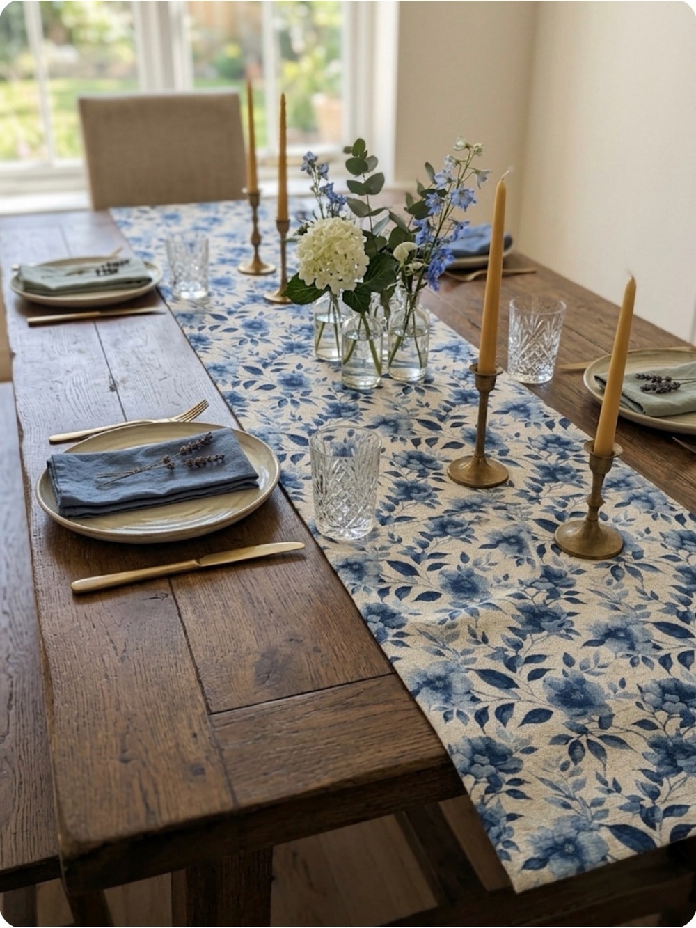 Blue Floral Table Runner - Elegant Dining Accent